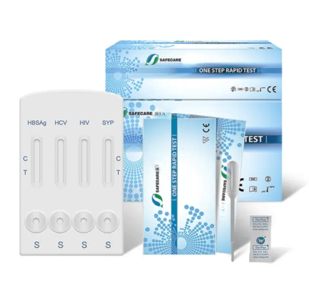 Safe Care Kit 4-panel STD and STI home test kit with rapid test cassettes for HIV, Syphilis, Hepatitis B, and Hepatitis C screening in Dubai, UAE.