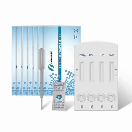4-panel STD test kit box and rapid test cassette for checking HIV, Syphilis, and Hepatitis B and C.