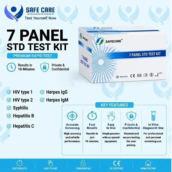 Safe Care Kit 7-panel STD and STI home test kit for private screening of seven common STD markers in UAE.