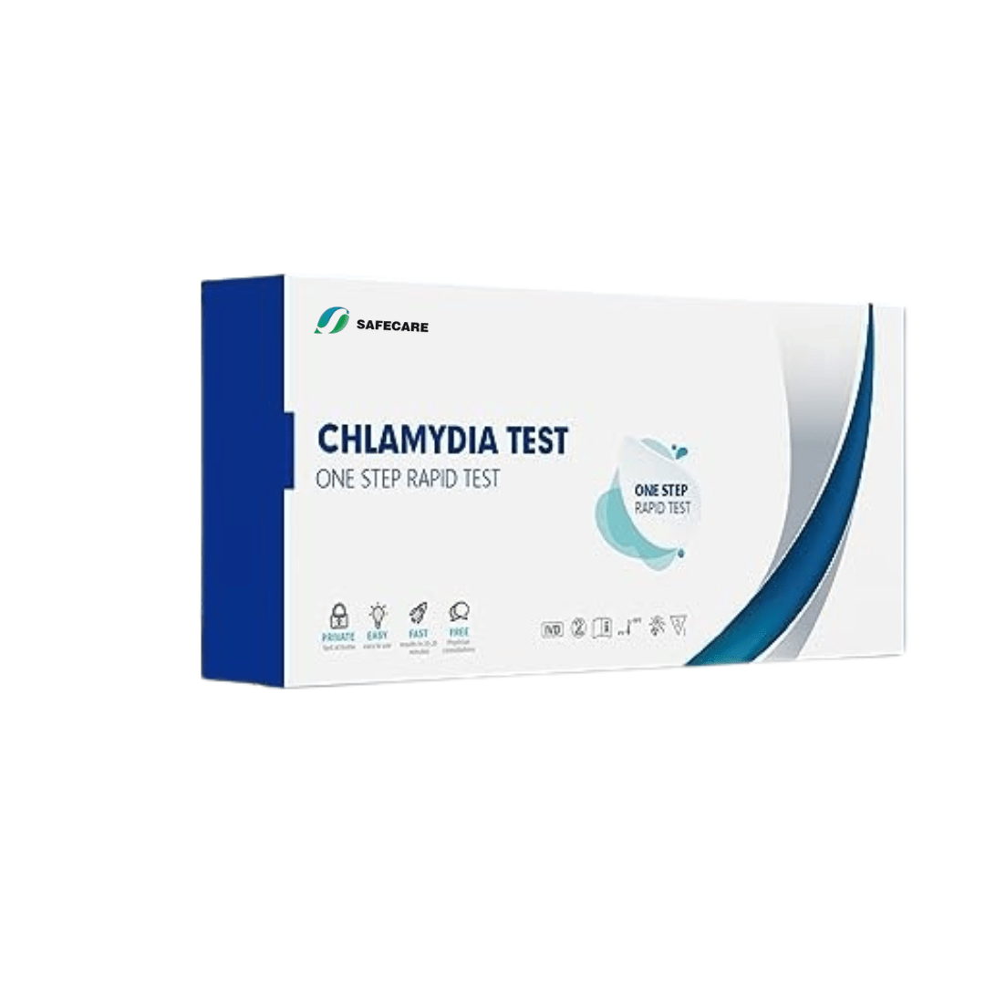 Single-use Chlamydia rapid test kit packaged for discreet home testing.