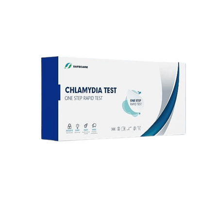 Single-use Chlamydia rapid test kit packaged for discreet home testing.