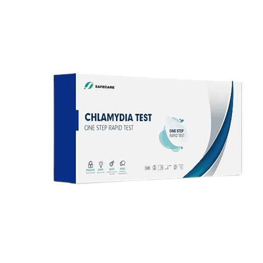 Single-use Chlamydia rapid test kit packaged for discreet home testing.