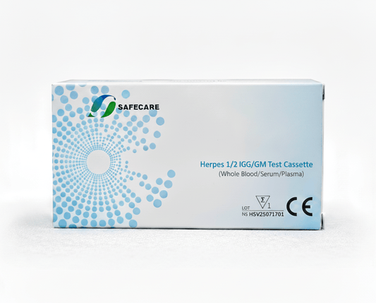 Herpes type 1 and 2 IgG/IgM combo test cassette for differential antibody screening.