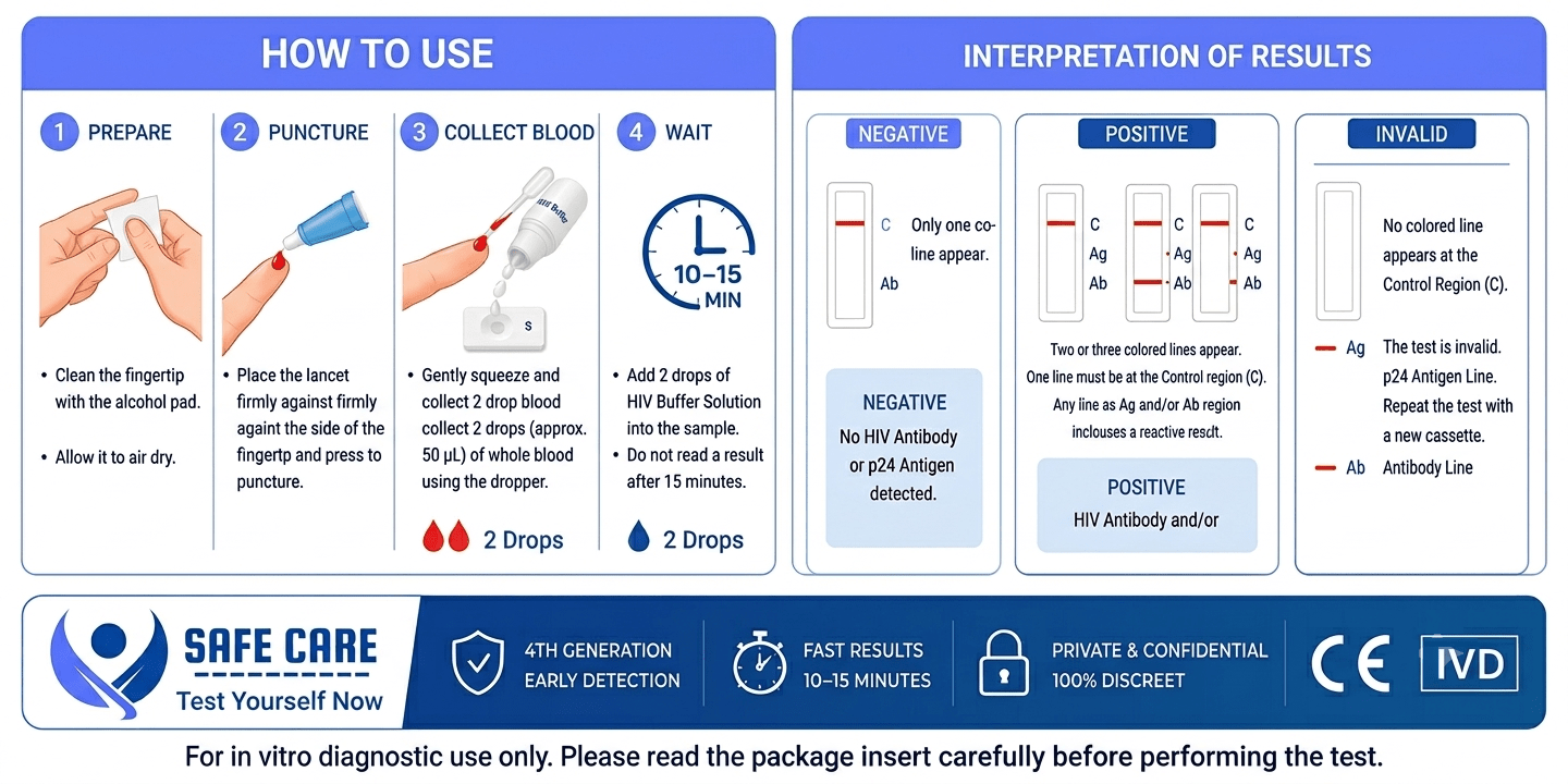 4th generation HIV rapid test method by Safe Care Kit combining HIV-1/2 antibody and p24 antigen detection for reliable early home screening in the UAE.