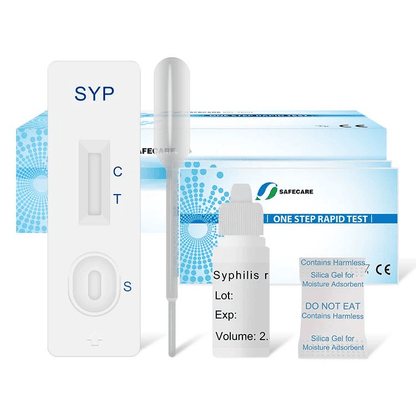 Syphilis rapid test cassette single-use packaging for fast and discreet personal tracking.